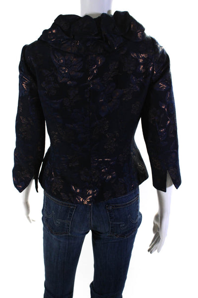 Rickie Freeman Teri Jon Womens Floral Buttoned Blazer Blue Bronze Tone Size 2