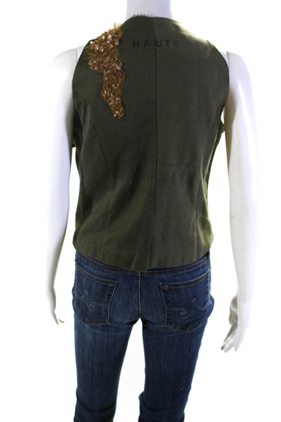 Haute Womens Sleeveless Round Neck Zippered Sequined Vest Green Tan Size 42