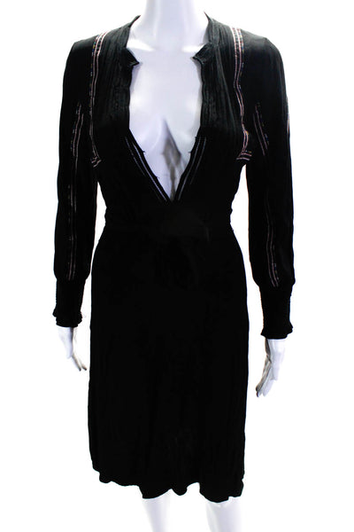 Ba&Sh Womens Chiffon Embroidered Long Sleeve V-Neck A-Line Dress Black Size 4