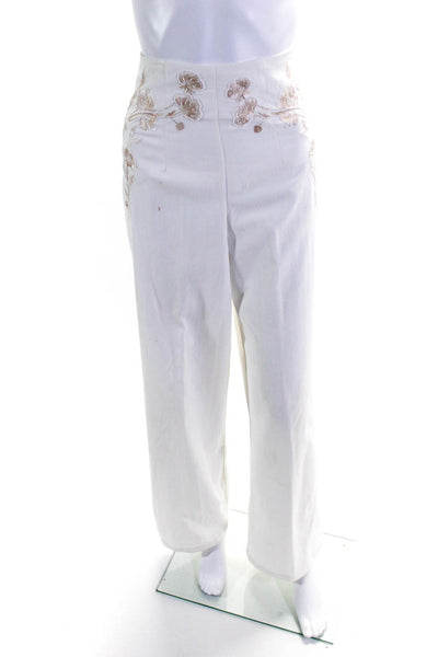 Hope & Ivy Womens Floral Embroidered Relaxed Straight Pants White Tan Size 8
