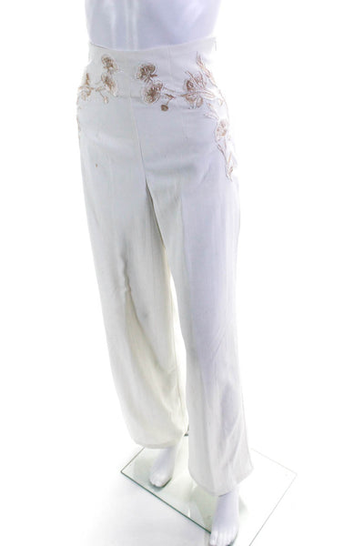 Hope & Ivy Womens Floral Embroidered Relaxed Straight Pants White Tan Size 8