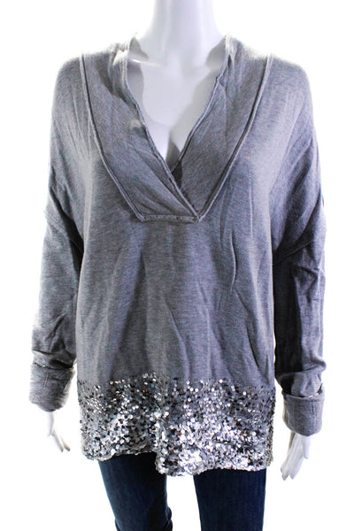 Donna Karan Women's V Neck Sequin Pullover Sweater Gray Size S