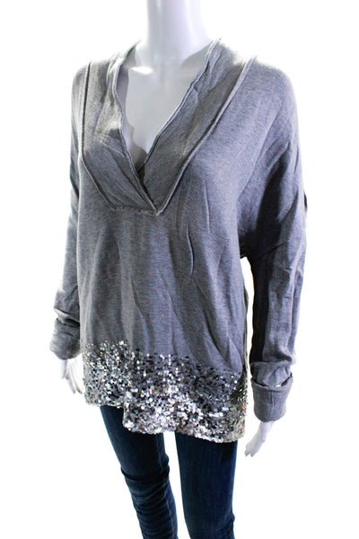 Donna Karan Women's V Neck Sequin Pullover Sweater Gray Size S