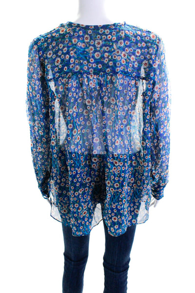 Isabel Marant Etoile Women's Long Sleeve Floral V Neck Silk Blouse Blue Size 36