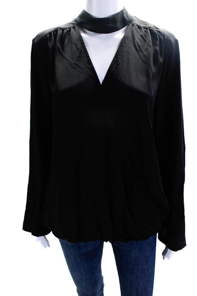 Trina Turk Women's Long Sleeve Mock Neck Silk Blouse Black Size M