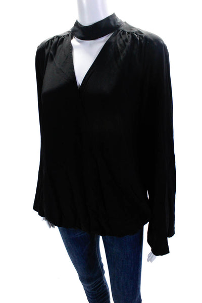 Trina Turk Women's Long Sleeve Mock Neck Silk Blouse Black Size M