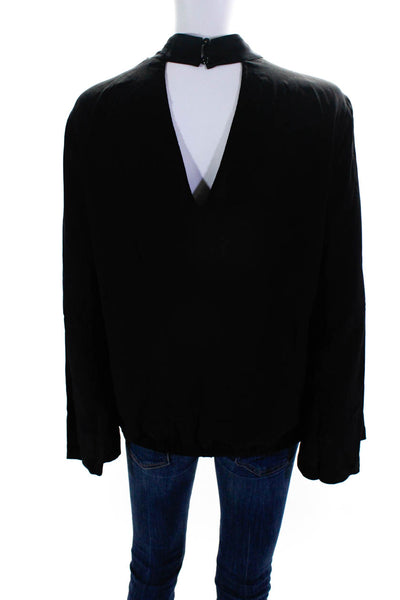 Trina Turk Women's Long Sleeve Mock Neck Silk Blouse Black Size M