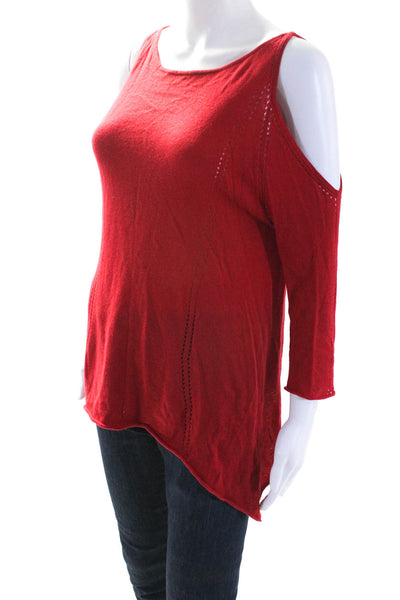 Catherine Malandrino Womens Cotton Knit Perforated Cold Shoulder Top Red Size L