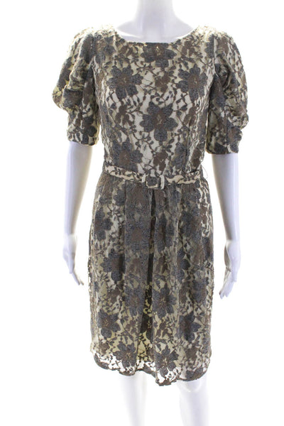 Eva Franco Womens Floral Lace Short Sleeved A Line Dress Beige Gray Size Size 10