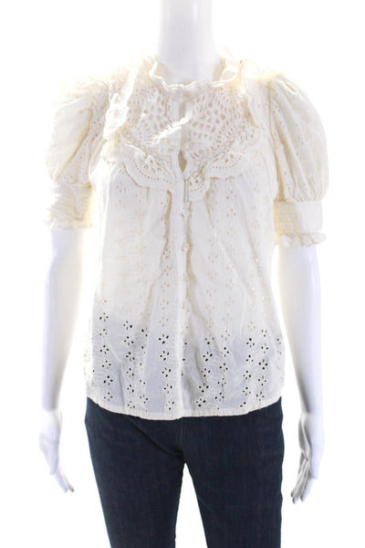 House of Harlow 1960 Womens Floral Ruffled Short Sleeved Blouse Cream Size M