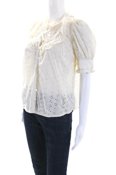 House of Harlow 1960 Womens Floral Ruffled Short Sleeved Blouse Cream Size M