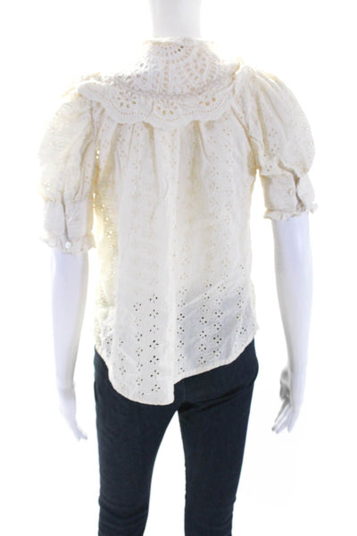 House of Harlow 1960 Womens Floral Ruffled Short Sleeved Blouse Cream Size M