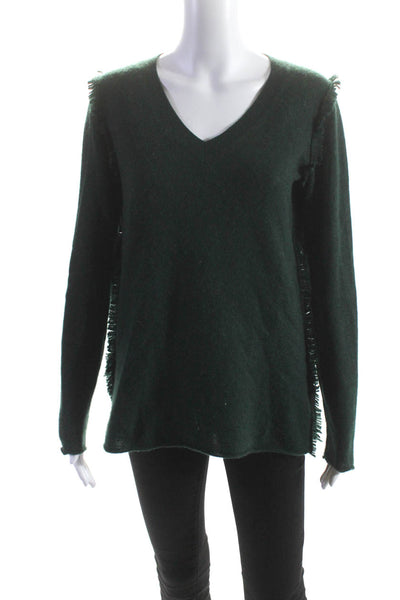 White + Warren Womens Fringe Trim V Neck Cashmere Sweater Green Size Extra Small