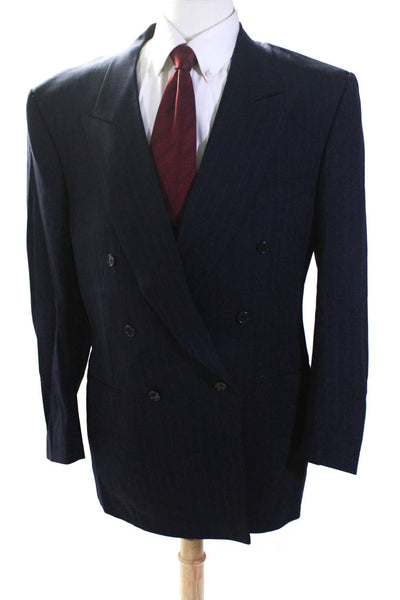 Canali Mens Navy Wool Striped Double Breasted Long Sleeve Blazer Jacket Size 54L