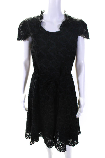 Anna Sui Womens Floral Lace Textured Belted Short Sleeve Dress Black Size 6