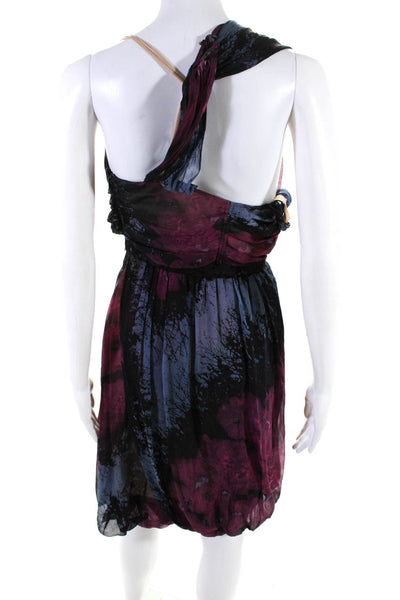 Tracy Reese Womens Silk Abstract Draped Bubble Hem Midi Dress Purple Size 4