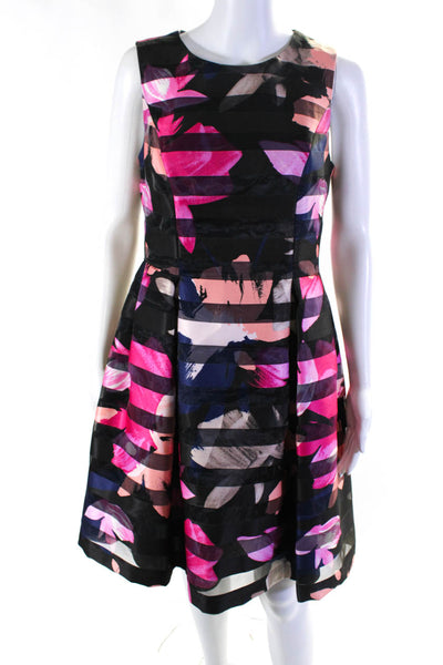 Vince Camuto Womens Floral Stripe Sleeveless A Line Dress Black Navy Pink Size 6