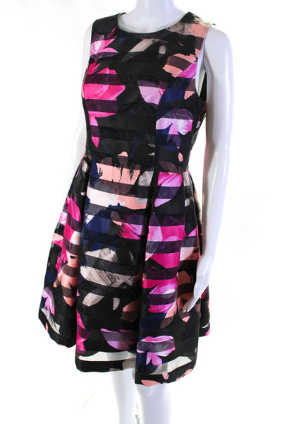 Vince Camuto Womens Floral Stripe Sleeveless A Line Dress Black Navy Pink Size 6