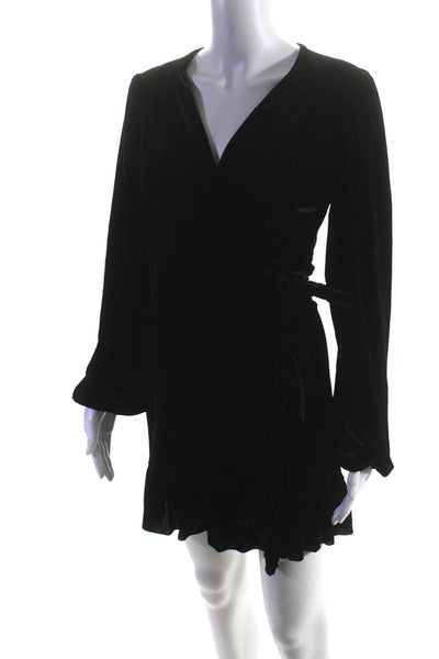 Misa Womens Velvet Ruffled Trim Long Sleeve V-Neck Tie Wrap Dress Black Size XS