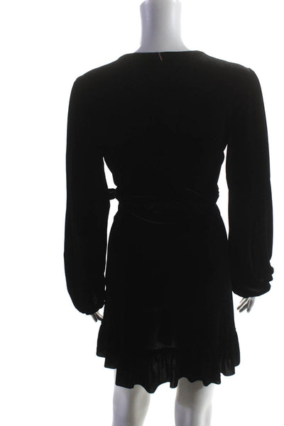 Misa Womens Velvet Ruffled Trim Long Sleeve V-Neck Tie Wrap Dress Black Size XS