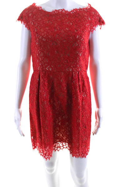 Shoshanna Womens Back Zip Scoop Neck Lace Overlay Dress Red Beige Size 10