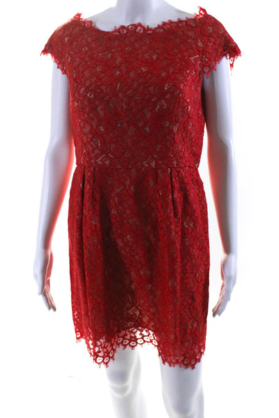 Shoshanna Womens Back Zip Scoop Neck Lace Overlay Dress Red Beige Size 10