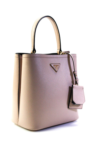 Prada Womens Saffiano Leather Panier Gold Tone Crossbody Shoulder Handbag Beige