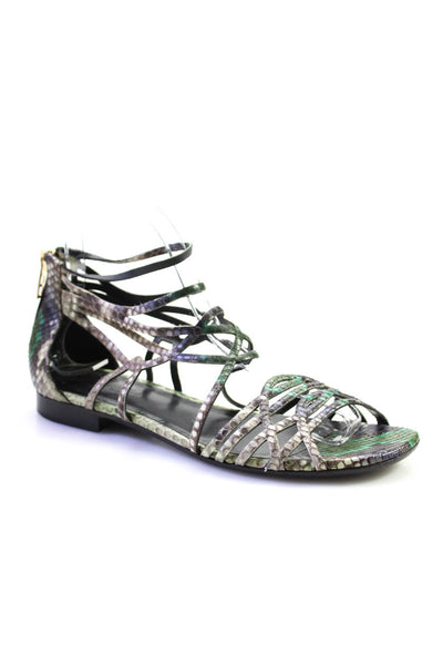 Hermes Womens Green Snakeskin Strappy Ankle Strap Flat Shoes Size 7.5