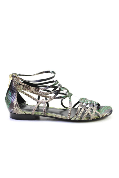Hermes Womens Green Snakeskin Strappy Ankle Strap Flat Shoes Size 7.5