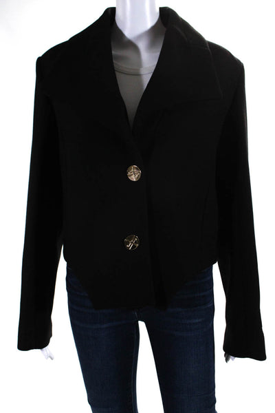 Patou Women's Collar Long Sleeve Hi-Lo Hem Button Down Line Jacket Black Size 40