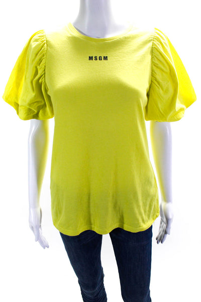 MSGM Girls Puff Short Sleeve Crew Neck Logo Tee Shirt Neon Yellow Size 14