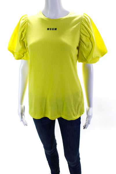 MSGM Girls Puff Short Sleeve Crew Neck Logo Tee Shirt Neon Yellow Size 14