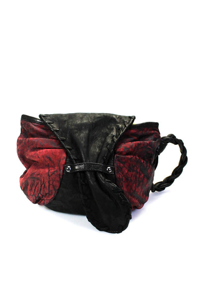 Memoi Womens Braided Handle Flap Large Wristlet Handbag Black Red Leather