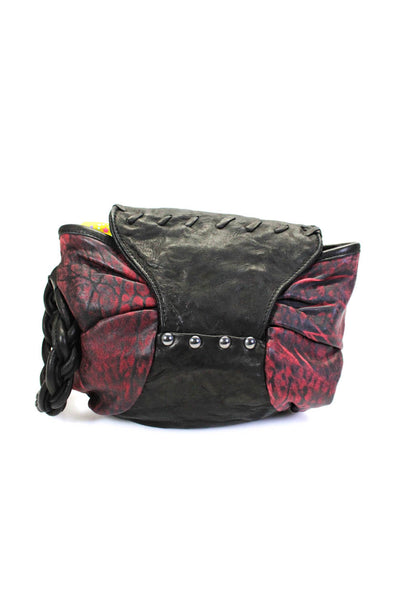 Memoi Womens Braided Handle Flap Large Wristlet Handbag Black Red Leather