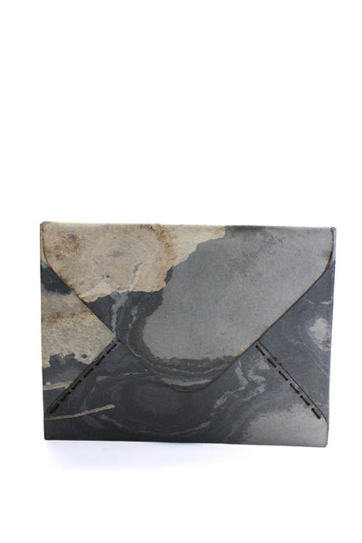 Designer Womens Abstract Flap Envelope Clutch Handbag Gray Brown Leather