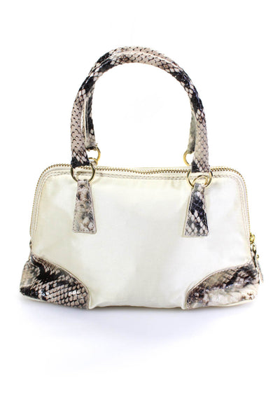 Jay 34 Womens Zip Top Snake Embossed Trim Mini Satin Handbag White Brown