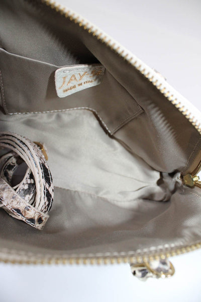 Jay 34 Womens Zip Top Snake Embossed Trim Mini Satin Handbag White Brown