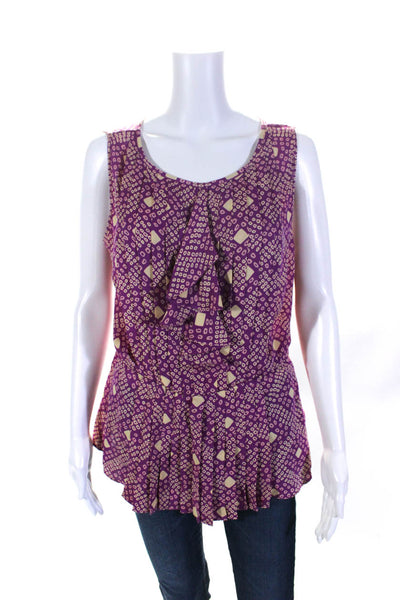 Tory Burch Womens Sleeveless Boat Neck Ruffled Blouse Purple Yellow Size 10