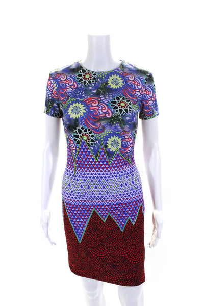 Jen Kao Women's Round Neck Short Sleeves Bodycon Multicolor Mini Dress Size 4