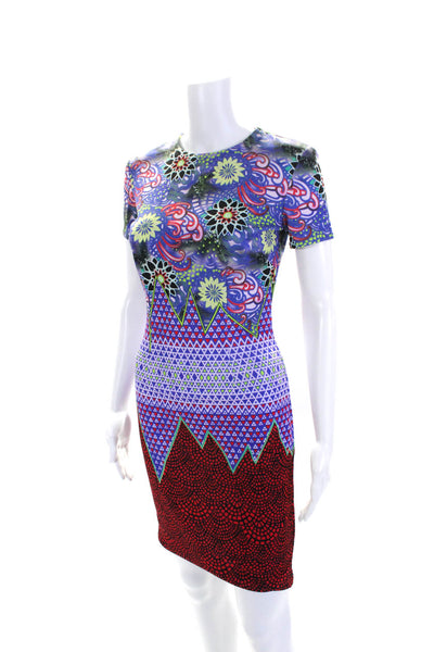 Jen Kao Women's Round Neck Short Sleeves Bodycon Multicolor Mini Dress Size 4