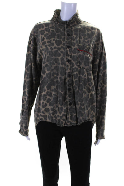 Pam & Gela Women's Leopard Print Casual Button Down Shirt Beige Size S