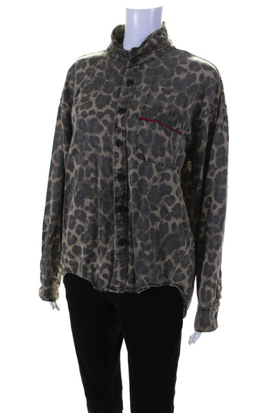 Pam & Gela Women's Leopard Print Casual Button Down Shirt Beige Size S