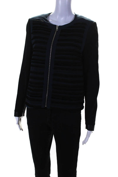 Rag & Bone Women's Full Zip Leather Trim Fringe Jacket Blue Size 4