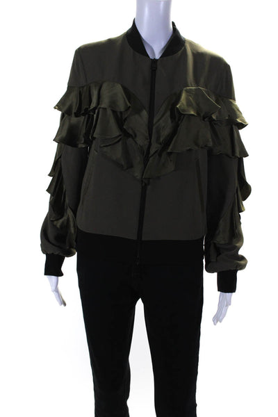 Cinq à Sept Women's Silk Ruffle Trim Full Zip Bomber Jacket Green Size S