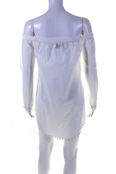Derek Lam 10 Crosby Women's Pompom Trim Off Shoulder Shift Dress White Size 4