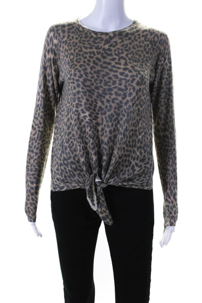 Olivaceous Womens Animal Print Long Sleeve Tied Knot Sweater Top Brown Size L