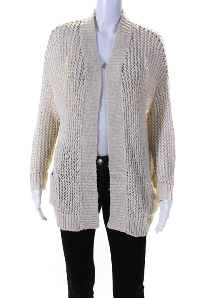 ASTR Womens Cotton Knitted Textured Open Front Long Sleeve Cardigan Beige Size L