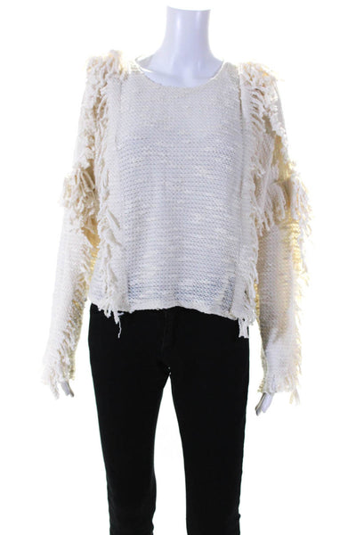 Misa Womens Knitted Frayed Textured Long Sleeve Sweater Blouse Beige Size M