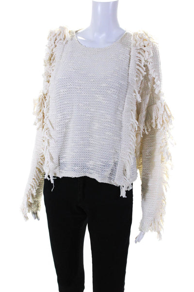 Misa Womens Knitted Frayed Textured Long Sleeve Sweater Blouse Beige Size M