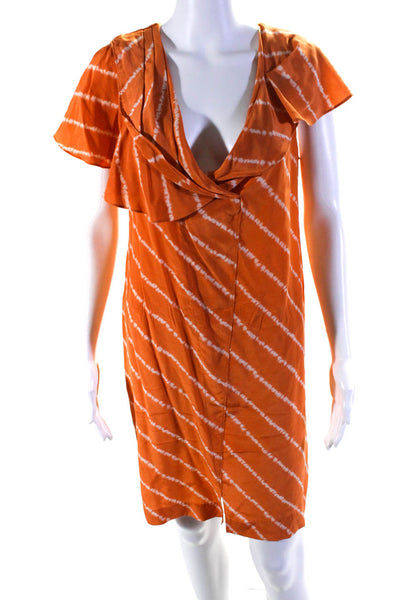 BCBGMAXAZRIA Womens Ruffled V Neck Cut Out Striped Silk Dress Orange Size Small